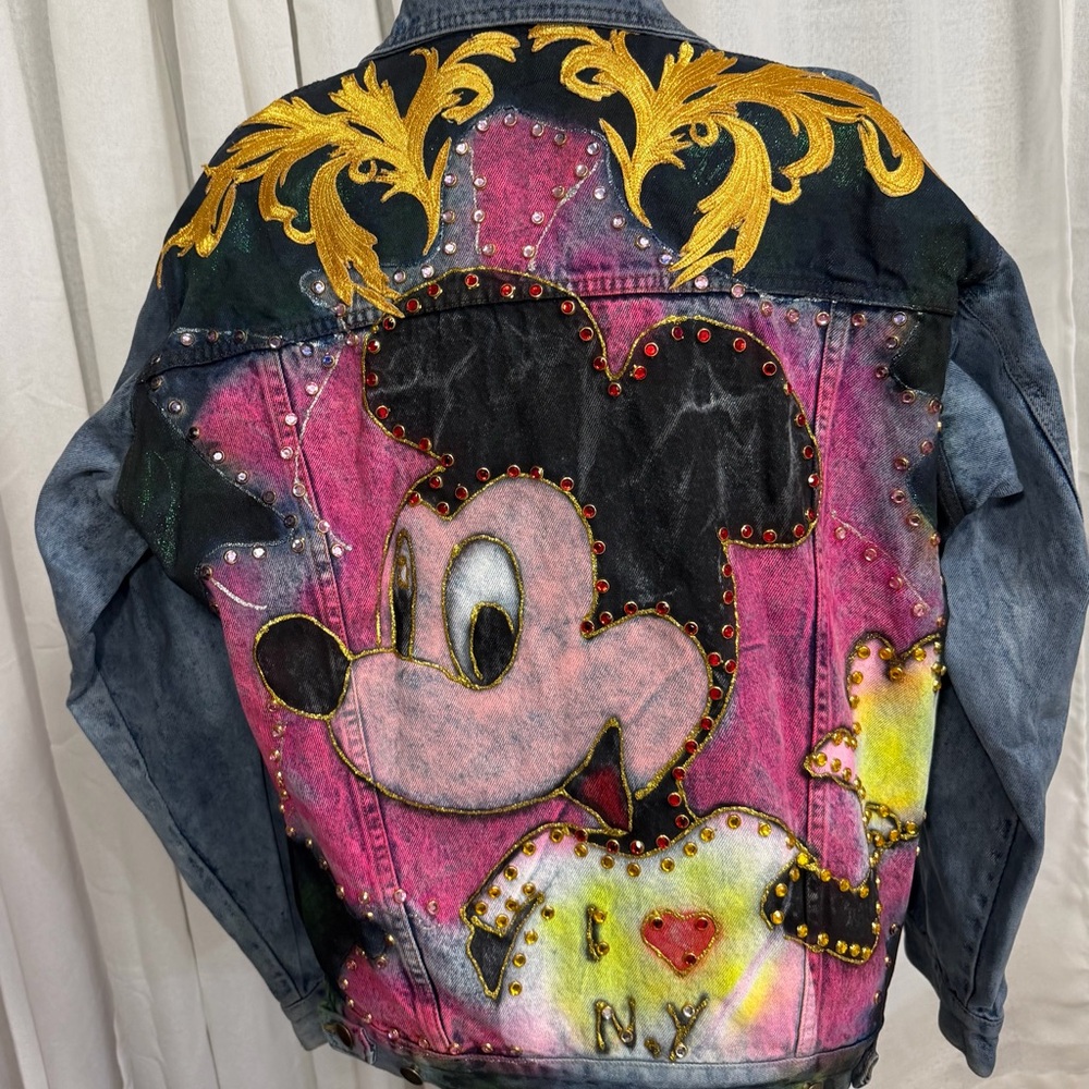 Embellished Mickey Mouse Denim Jacket - Black, Pink, Yellow